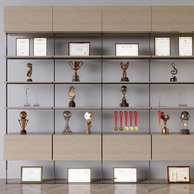 现代奖杯奖牌 荣誉证书 装饰奖杯柜 旗帜徽章 奖状证书 