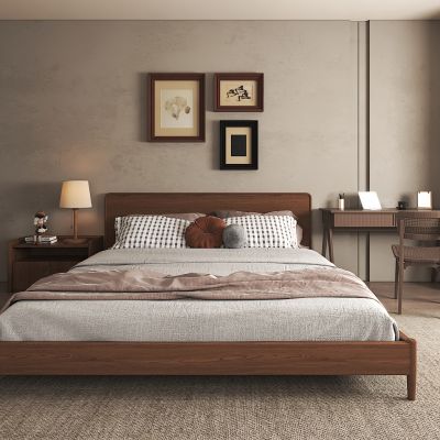 侘寂中古风家居卧室_实木双人床_床头柜_书桌椅