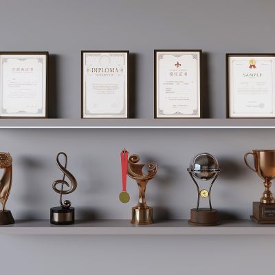现代奖杯奖牌 荣誉证书 奖杯置物架 旗帜徽章 奖状证书