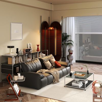 现代中古风家居客厅 屏风 皮沙发 装饰柜 摆件