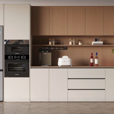 中古风酒柜 现代酒柜 冰箱 蒸箱烤箱一体 面包机直饮机 可移动轨道插座