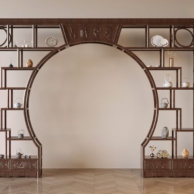 新中式月亮门博古架 中式博古架 花格月亮门洞 饰品摆件 高柜隔断