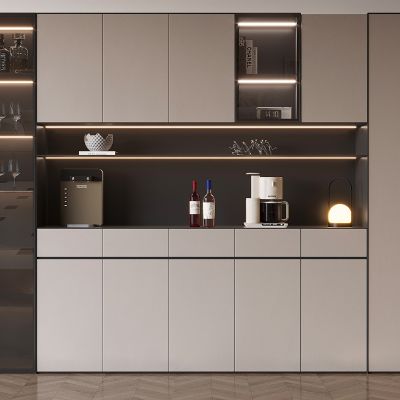 现代轻奢玻璃酒柜 直饮机咖啡机 酒瓶酒杯红酒 饰品摆件