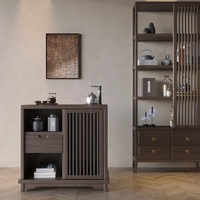 新中式茶水柜 实木茶边柜推拉烧水台 侧边柜烧水柜 博古架 置物架 茶室茶叶茶具柜架