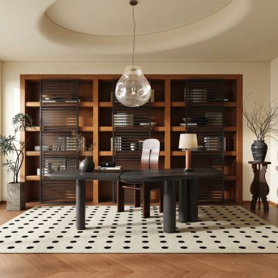 现代中古风书房  吊灯 书桌 绿植 中古风摆件