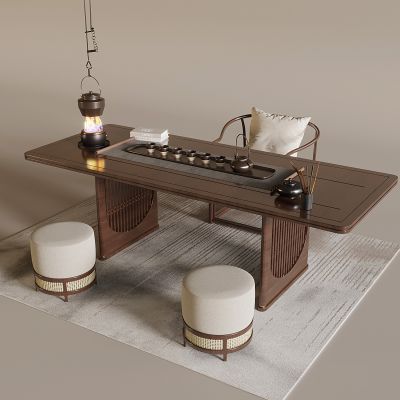 中式茶桌椅组合 新中式茶室品茶区 实木茶桌椅 茶具 吊炉煮茶