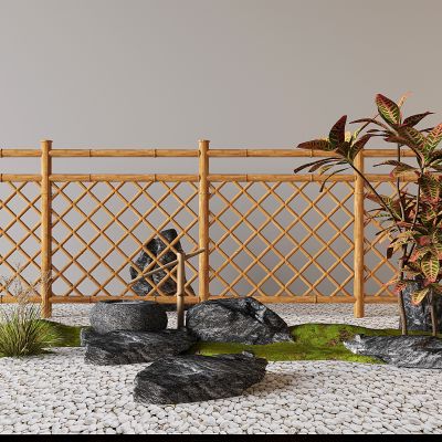 现代竹篱笆栅栏 竹子围栏隔断 植物石头造景 庭院造景 景观小品 汀步
