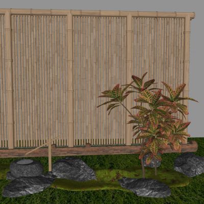 现代竹篱笆栅栏 竹子围栏隔断 植物石头造景 庭院小品 汀步