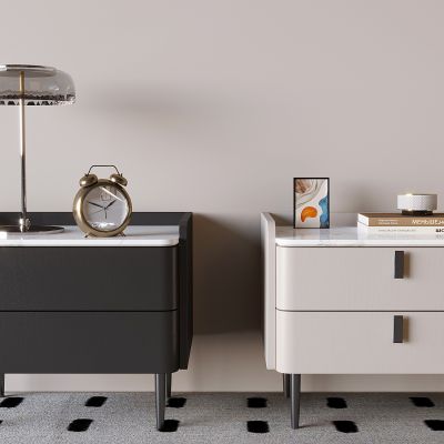 现代轻奢床头柜 抽屉式床头柜 台灯闹钟 书本书籍摆件