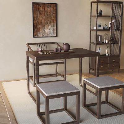 新中式茶桌椅组合 实木茶桌椅 博古架 茶室茶叶茶具置物柜架