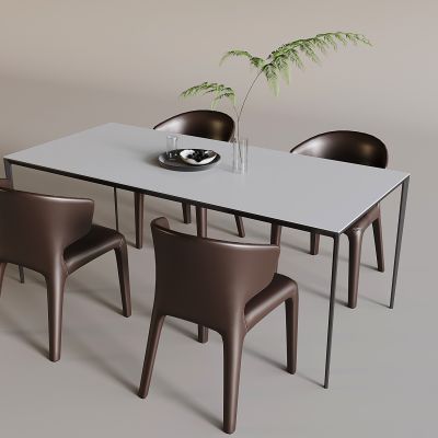 现代餐桌椅组合 皮革餐椅 水生植物摆件