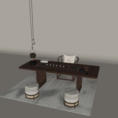 中式茶桌椅组合 新中式茶室品茶区 实木茶桌椅 茶具 吊炉煮茶