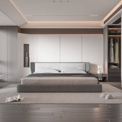 现代卧室 饰品 休闲椅 床头吊灯 无主灯造形吊顶 衣柜