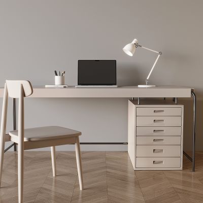 现代简约书桌 抽屉式书桌椅组合 笔记本电脑 台灯阅读灯 笔筒