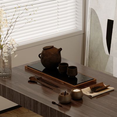 五金石茶盘 实木茶托盘 排水式茶台 茶具 轻奢家用茶海