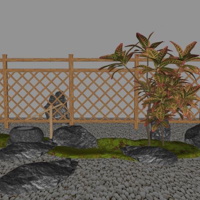 现代竹篱笆栅栏 竹子围栏隔断 植物石头造景 庭院造景 景观小品 汀步