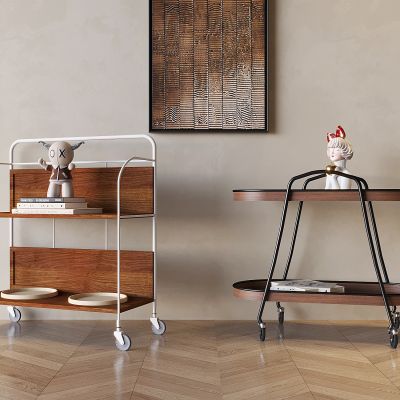 中古风小推车 置物架 可移动茶边几 实木复古收纳架 茶几角几 零食床头柜