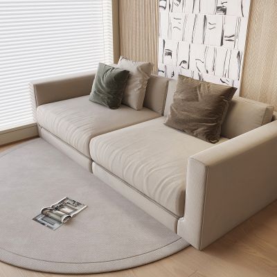 现代奶油风双人沙发 布艺双人沙发抱枕 圆形地毯 百叶帘 装饰画