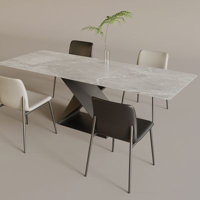 现代大理石台面餐桌椅组合 水生植物 简约餐桌椅组合