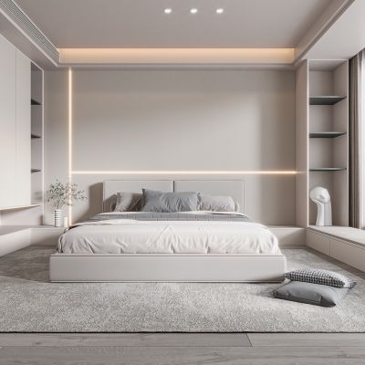 现代卧室 饰品 休闲椅 床头吊灯 无主灯造形吊顶 衣柜