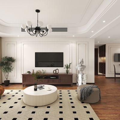 现代法式客餐厅 沙发茶几组合 吊灯 电视柜 组合画 麻将餐桌椅组合