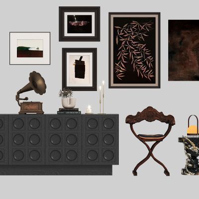 侘寂中古风装饰画 复古边柜 复古摆件