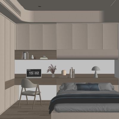 现代 奶油 中古风 骨骼线 衣柜 书柜 一体式 榻榻米 儿童房