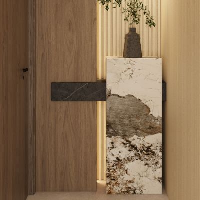 新中式 轻奢 原木风 禅意 弧形 悬浮顶 走廊 端景 玄关