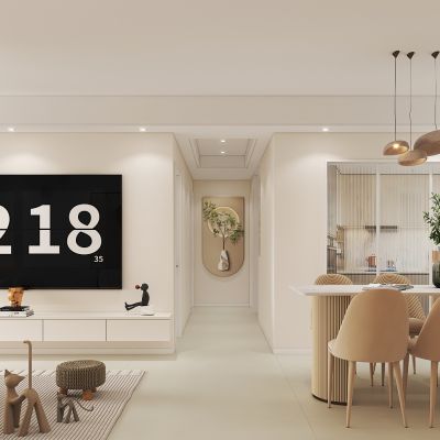 现代奶油风客餐厅 沙发茶几组合 吊灯 餐桌椅组合 酒柜 鞋柜