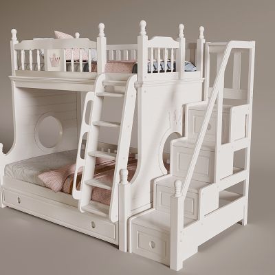 奶油风儿童上下铺 双层高低床 全实木楼梯儿童床 防护栏上下床 子母床