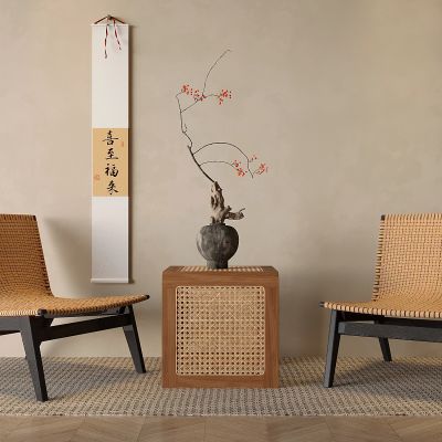 侘寂风藤编躺椅 北欧实木绳编休闲椅 懒人沙发躺椅 藤编看书椅 藤编方几角几