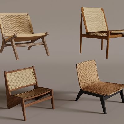 侘寂风藤编休闲椅组合 实木绳编躺椅 懒人沙发椅 中古风藤编看书椅