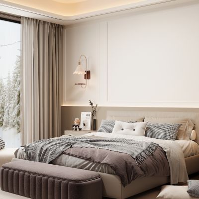 现代家居卧室 双人床 床头柜 主卧 背景墙 饰品摆件