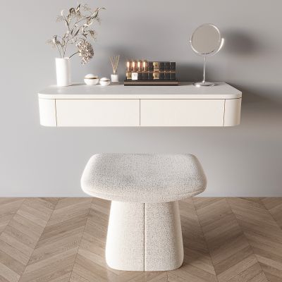 奶油风极简梳妆台 现代抽屉式梳妆台 梳妆凳梳妆镜 化妆品美妆 花瓶花艺 