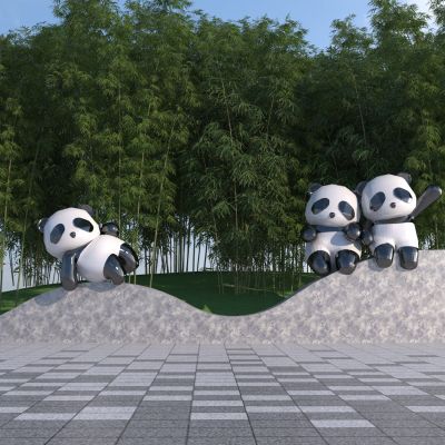 现代熊猫动物雕塑小品_景墙