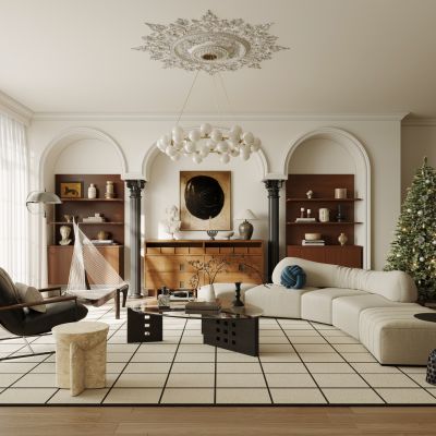 法式中古风客厅 中古风客厅 圣诞树 吊灯 