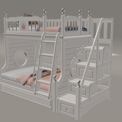 奶油风儿童上下铺 双层高低床 全实木楼梯儿童床 防护栏上下床 子母床