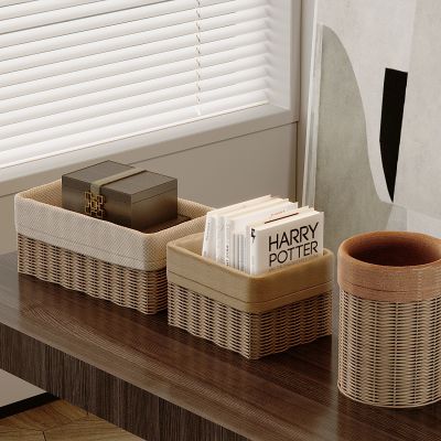 日式编织收纳筐 藤篮收纳盒 藤编篮 收纳筐 收纳篮 书本零食格子收纳
