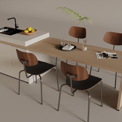 现代岛台餐桌椅 实木餐桌椅 岛台洗手池