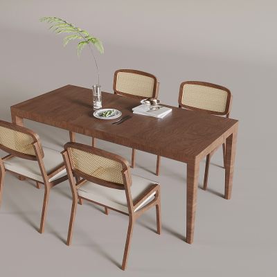 侘寂风藤编餐桌椅 中古风实木餐桌椅 藤编餐椅