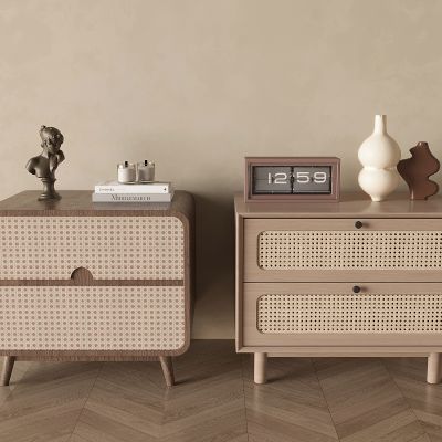 侘寂风藤编床头柜 中古风藤编床头柜 抽屉式藤编床头柜