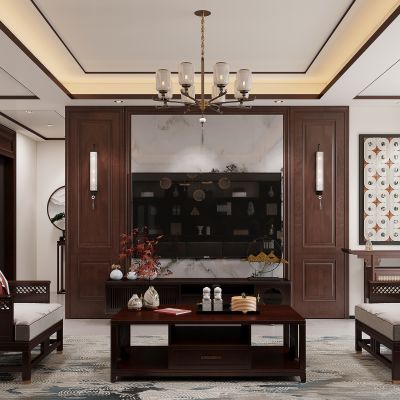 新中式客厅 沙发茶几组合 新中式沙发背景墙