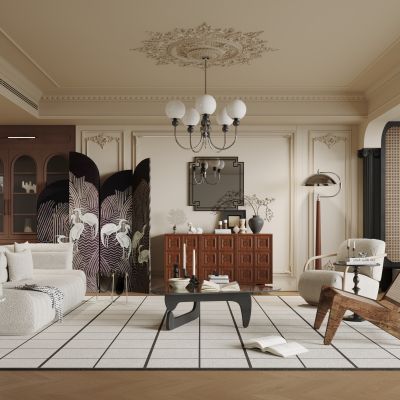  法式中古风客厅 欧式客厅 圣诞树 吊灯 简欧客厅