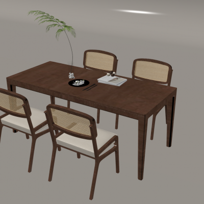 侘寂风藤编餐桌椅 中古风实木餐桌椅 藤编餐椅