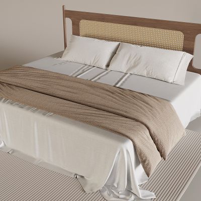 侘寂风复古双人床 中古风民宿实木藤编床