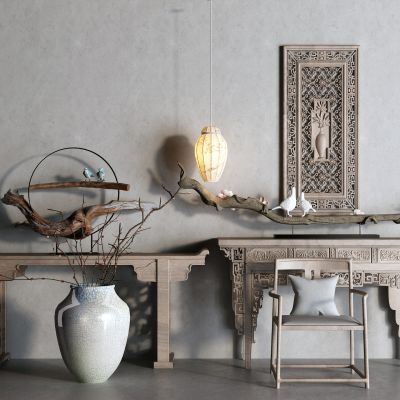 中式边柜 玄关柜 雕花 枯枝