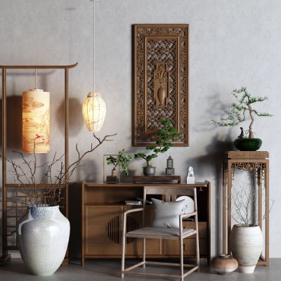 中式玄关柜 陶罐 边柜 雕花