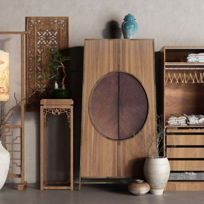 中式衣柜 陶罐 屏风 松树