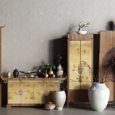中式衣柜 玄关柜 屏风 盆栽 陶罐