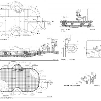 带水滑道的免费游泳池Dwg